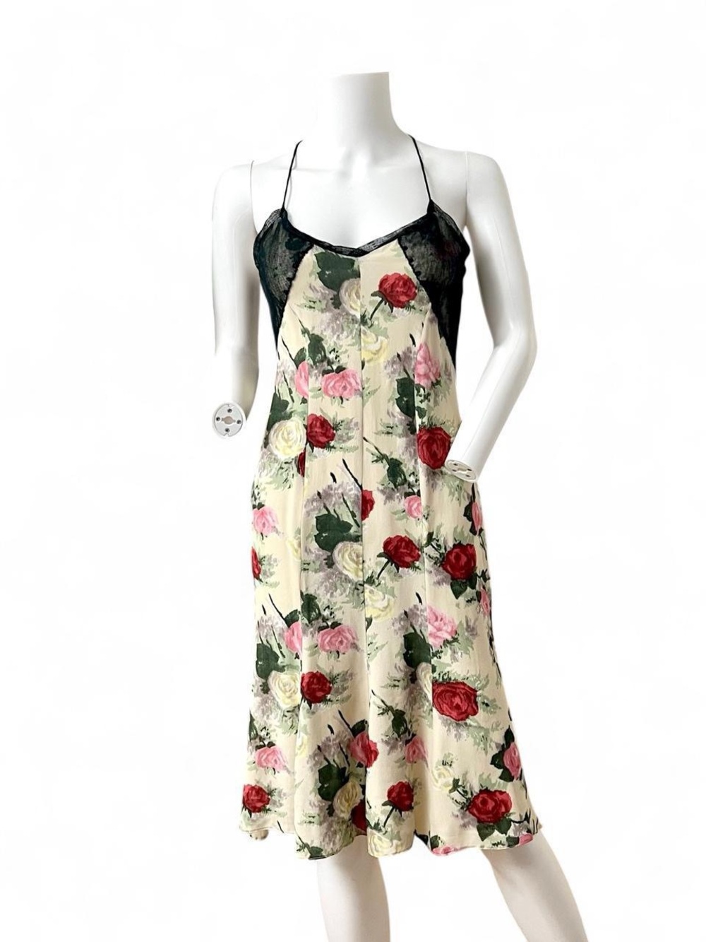 Blumarine Cream Floral Satin Slip with Black Lace Bodice